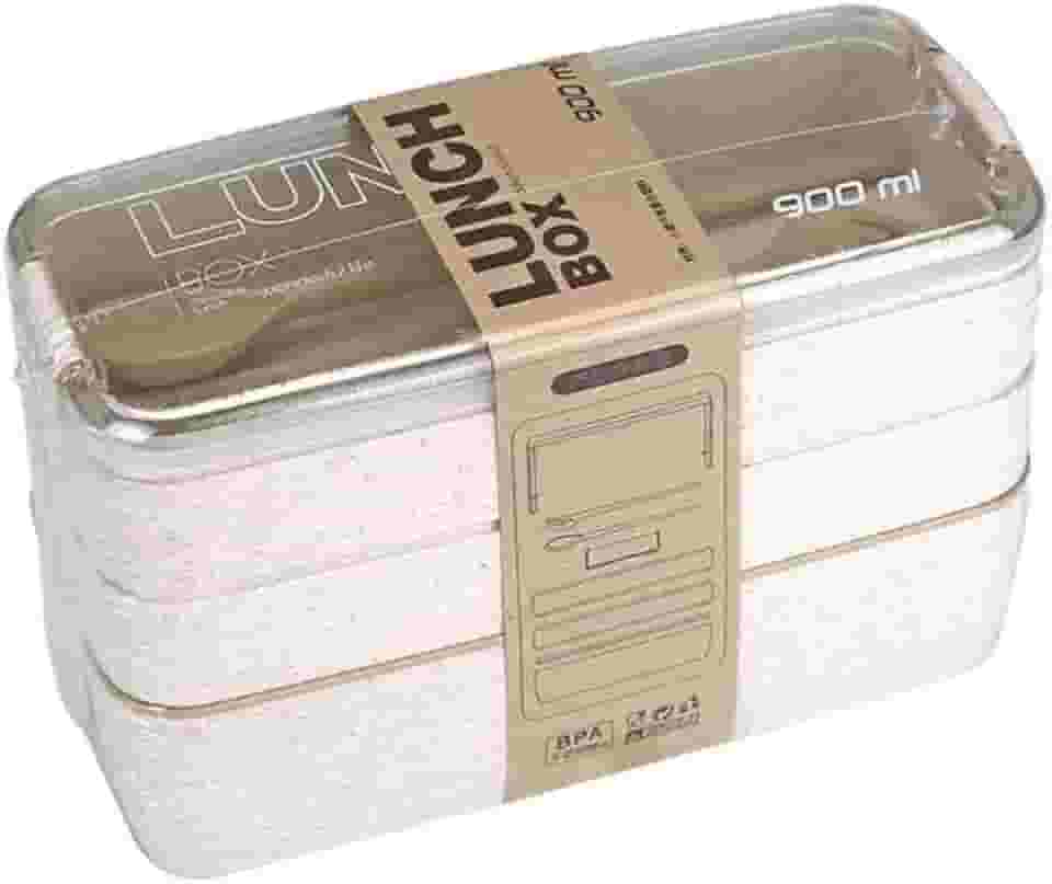 Marmita/Lancheira Japonesa (Bento) Com 3 Compartimentos e Talheres 900ml (Bege)