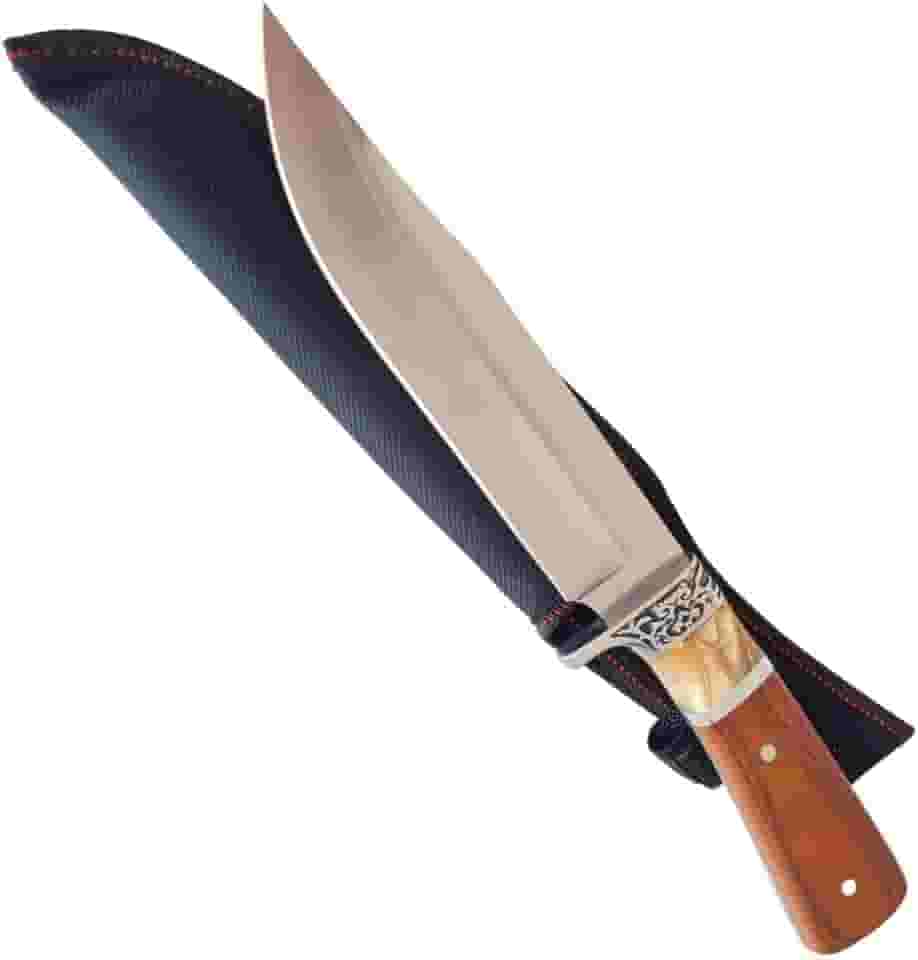 Faca Tática para Churrasco e Camping, 8 Polegadas, Lâmina Inox 420, Cabo em Madeira Estilo Oriental com Bainha em Napa