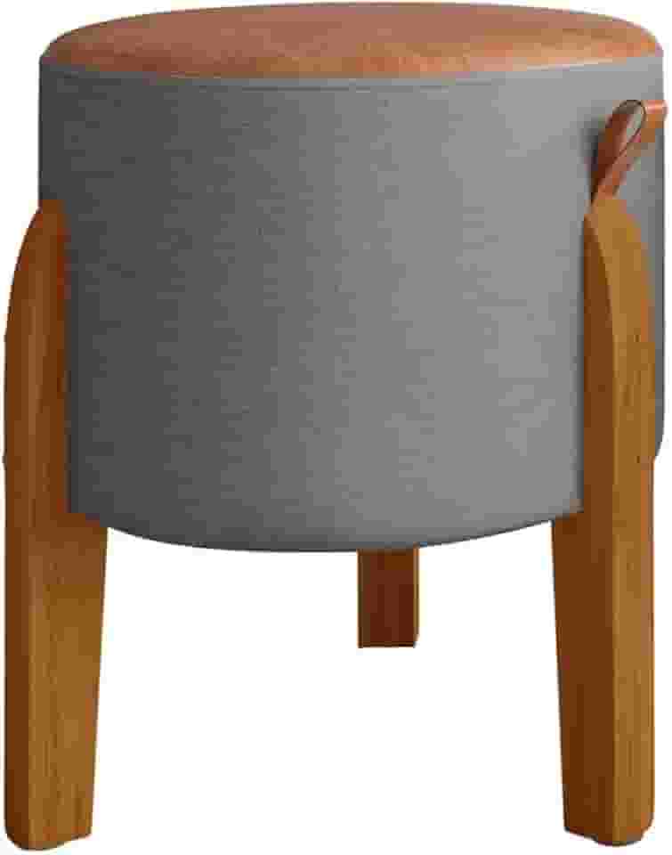 PUFF EM LINHO CINZA COM ASSENTO EM COURO CARAMELO