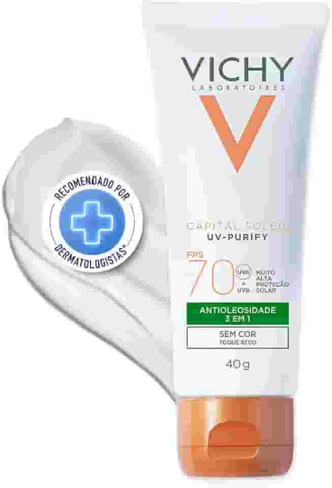 Vichy Capital Soleil Purify, Protetor Solar Facial Antioleosidade e Purificante Para Peles Oleosas com Toque Seco, Ação Antipoluição e Proteção Solar FPS 70 Sem Cor 40g