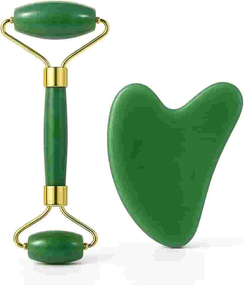Kit Rolo de Jade + Gua Sha Natural | Massageador Facial e Corporal, Drenagem Linfática, Anti-Idade, Reduz Rugas, Inchaço e Olheiras, Relaxa Músculos, Spa Completo em Casa