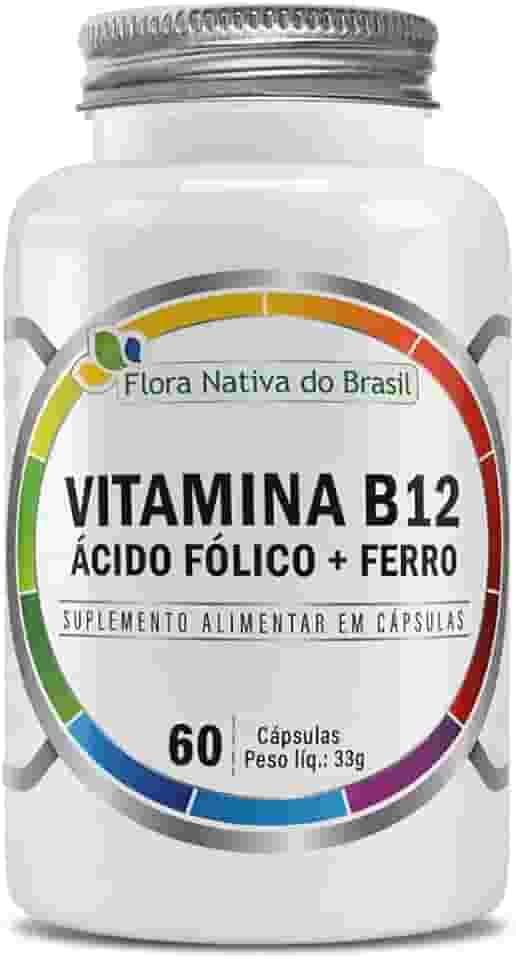 Suplemento de Vitamina B12, Ácido Fólico + Ferro 500mg 60 Capsulas - Flora Nativa