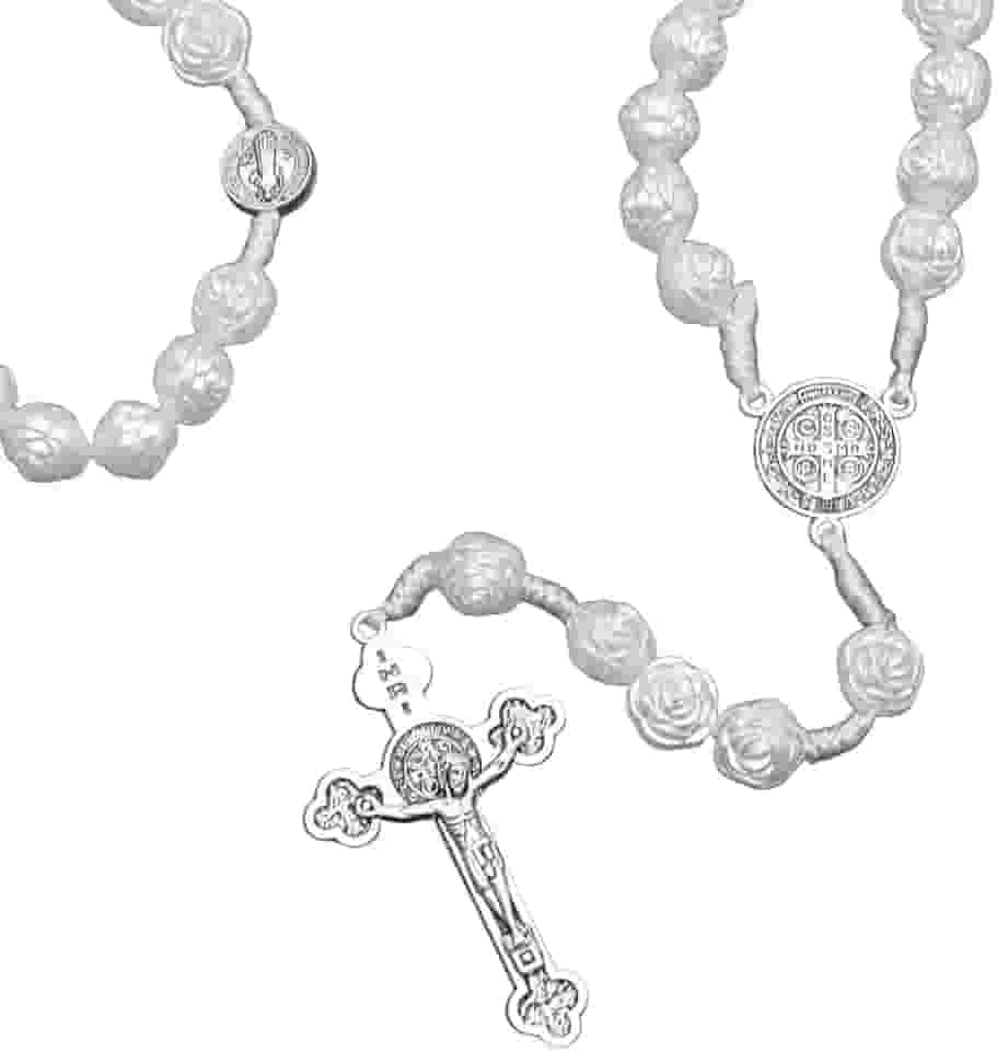 Terço Grande Branco Rosas São Bento Ideal para Casamento, Primeira Comunhão, Batizado, Consagração e Crisma 50cm