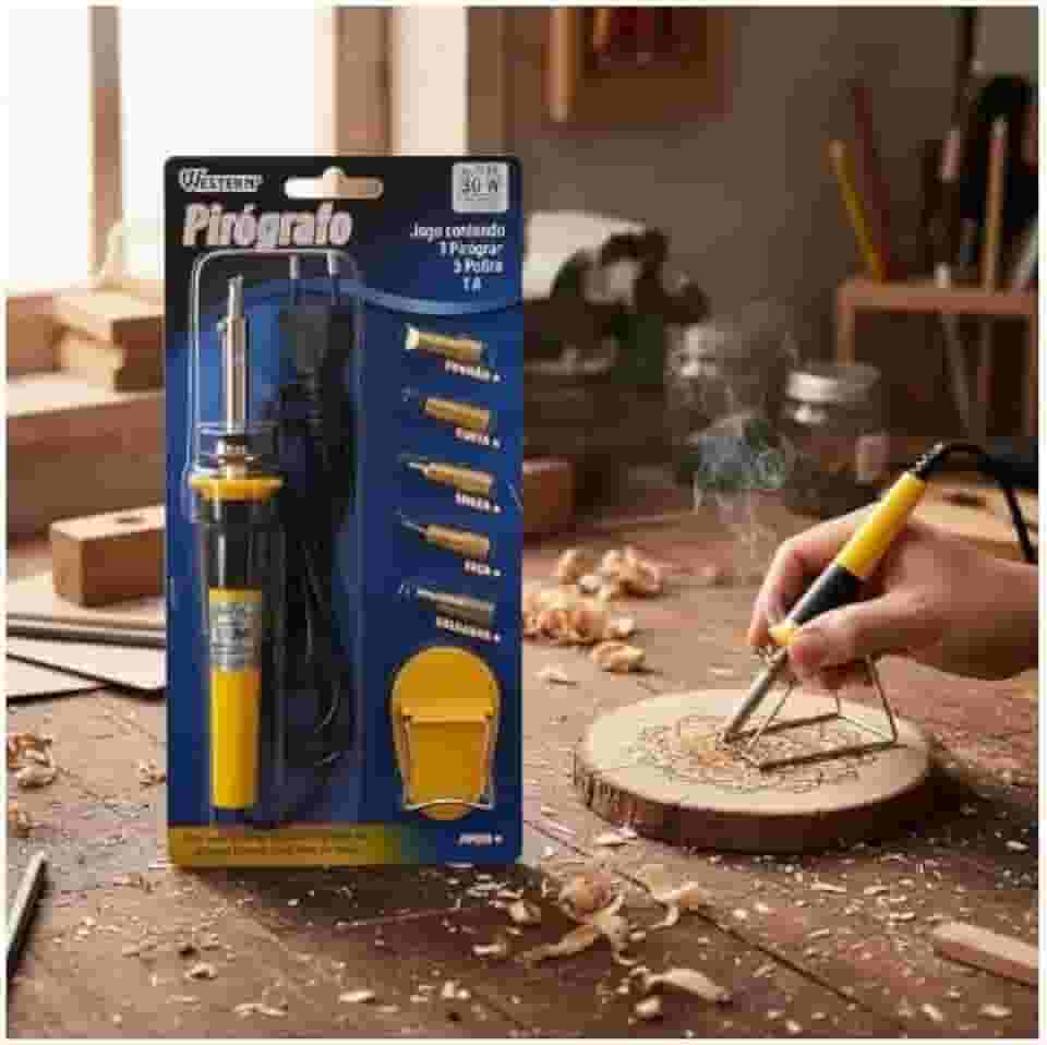 Pirógrafo e Ferro de Solda 2 em 1, 127V, 400°C, Policarbonato e Aço Inoxidável, 5 Pontas Incluídas, 19cm, para Artesanato em Madeira e Couro