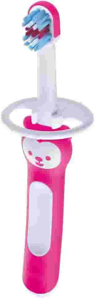 MAM Baby 1 Escova de Dentes Training Brush Com Cabo Extralongo, Ergonômico e Fácil de Segurar para Crianças de 5+ Meses com Trava de Segurança, Rosa
