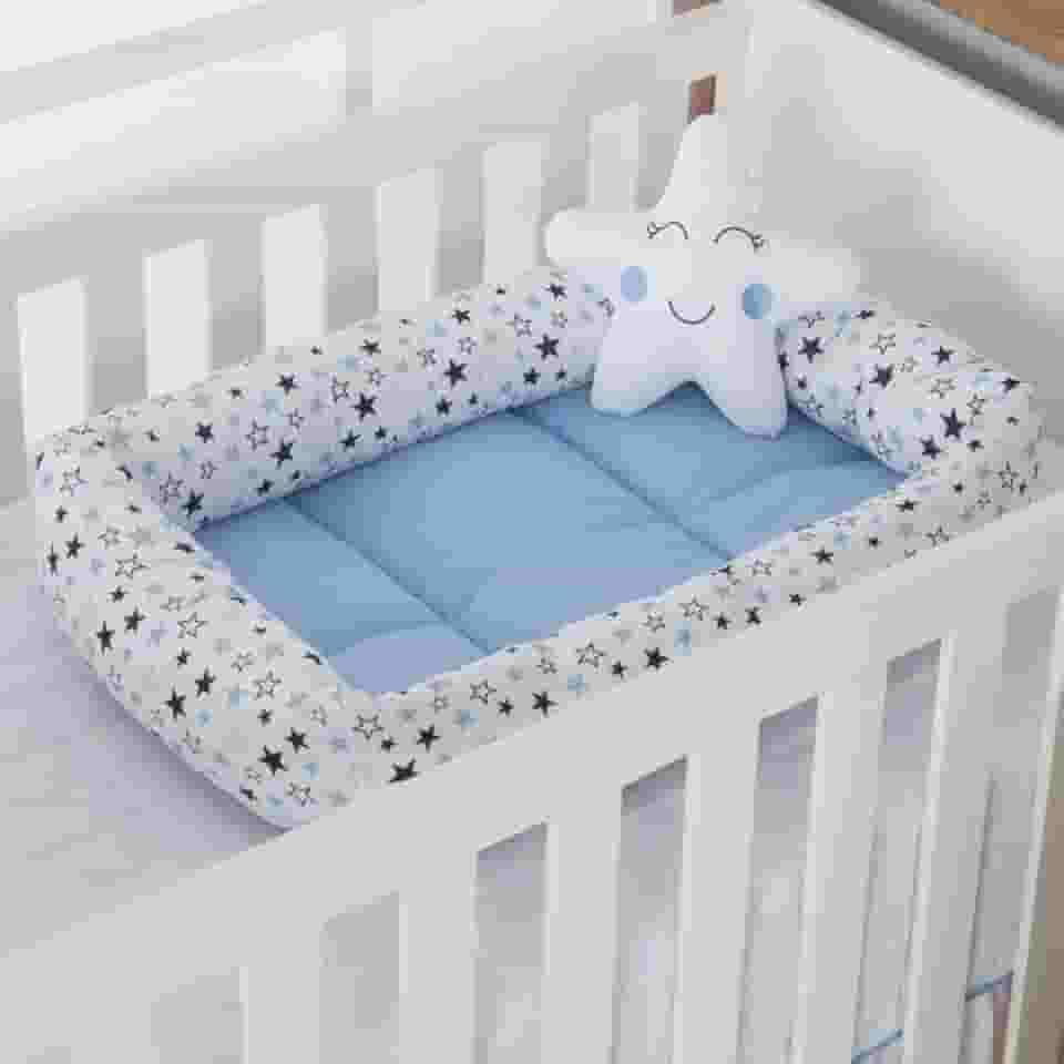 Ninho Redutor de Berço com Almofada Para Bebê Algodão 2 pcs Estrela Azul