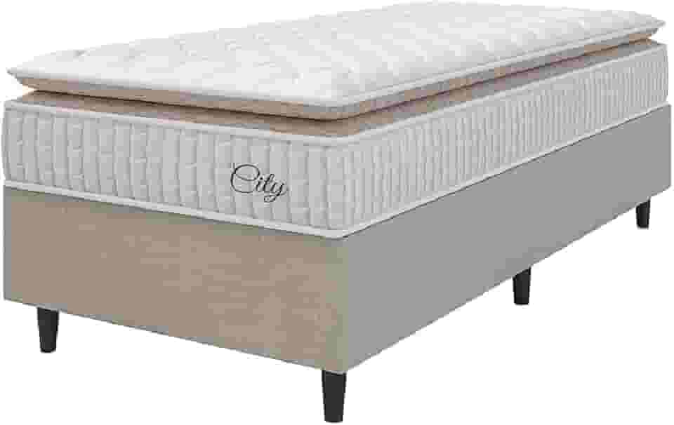 Cama Box Colchão Solteiro Molas Ensacadas City Pillow Top 88x188x61cm Branco/Bege Hellen - Suporta até 110kg por Pessoa