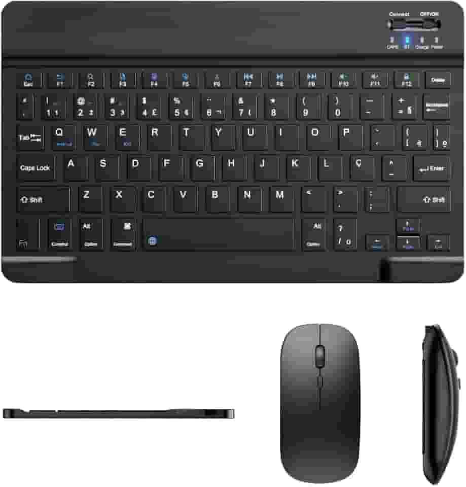Teclado E Mouse Bluetooth Recarregáveis – Design Slim, Silencioso E Ergonômico Para Escritório E Casa Para Computador, Tablet E Laptop Ipad | Kit Premium Sem Fio 2 Em 1 (Preto)