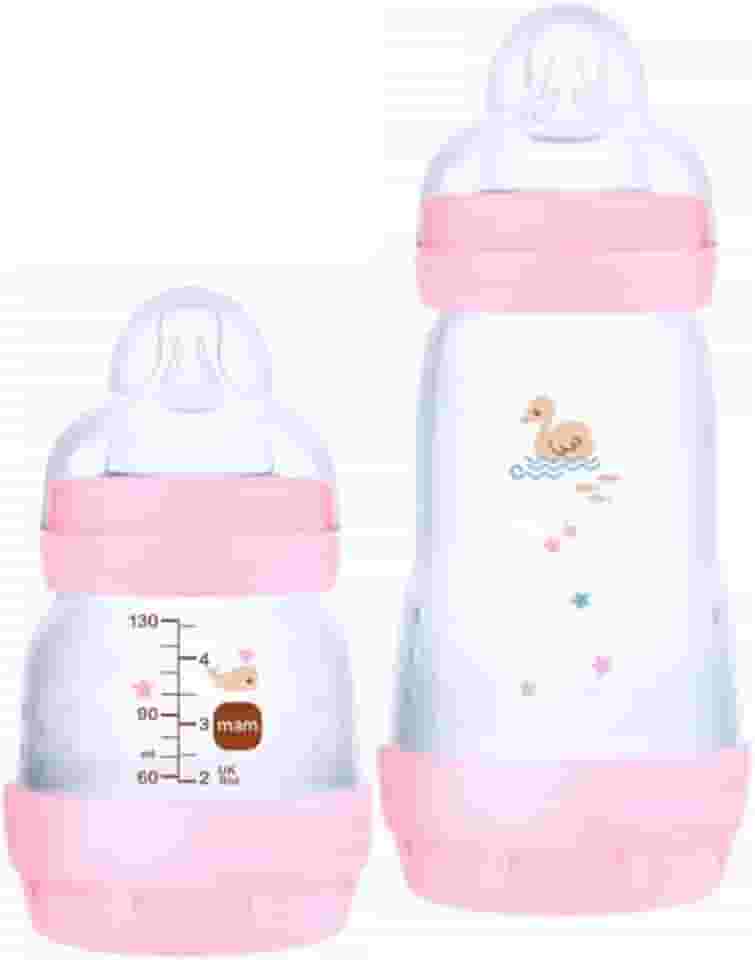 MAM Baby Kit 2 Mamadeiras Easy Start Starter Set Anticólica e Menos Bolhas de Ar, para Crianças 0+ Meses Autoesterilizável e com Bico de Silicone Skinsoft, Rosa