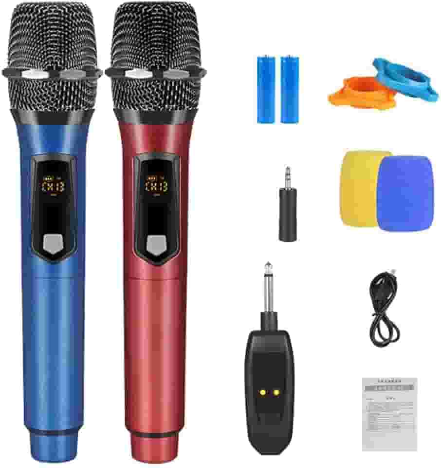Microfone Sem Fio Duplo Profissional, Sinal 2.4g, Kit com 2 Microfones de Mão com Display Digital, Receptor Sem Fio, para Karaokê, Eventos e Palestras