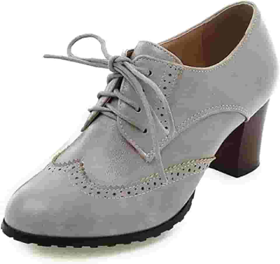 Sapato social feminino de couro vintage Oxfords Brogues com cadarço, salto médio, bico redondo