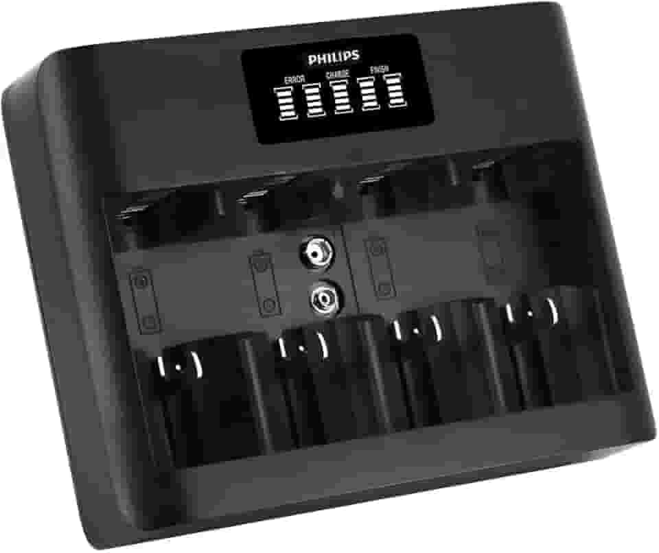 Carregador de Pilhas Philips Usb com Visor Lcd - Carrega AAA,AA,C,D e 9V