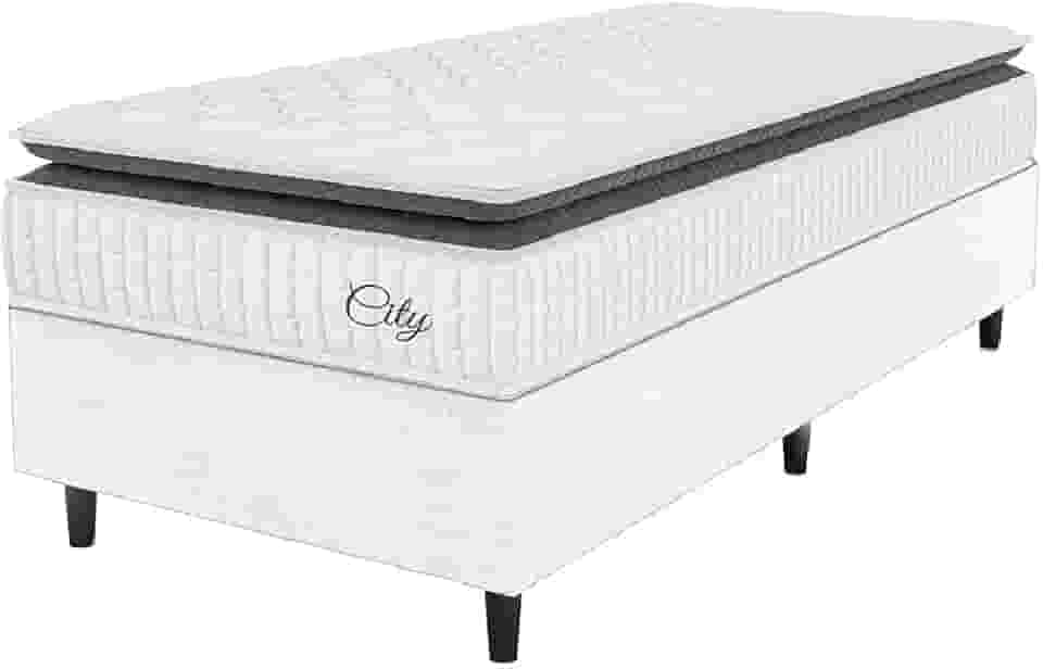Cama Box Colchão Solteiro Molas Ensacadas City Pillow Top 88x188x61cm Linho Branco/Preto Hellen - Suporta até 110kg por Pessoa