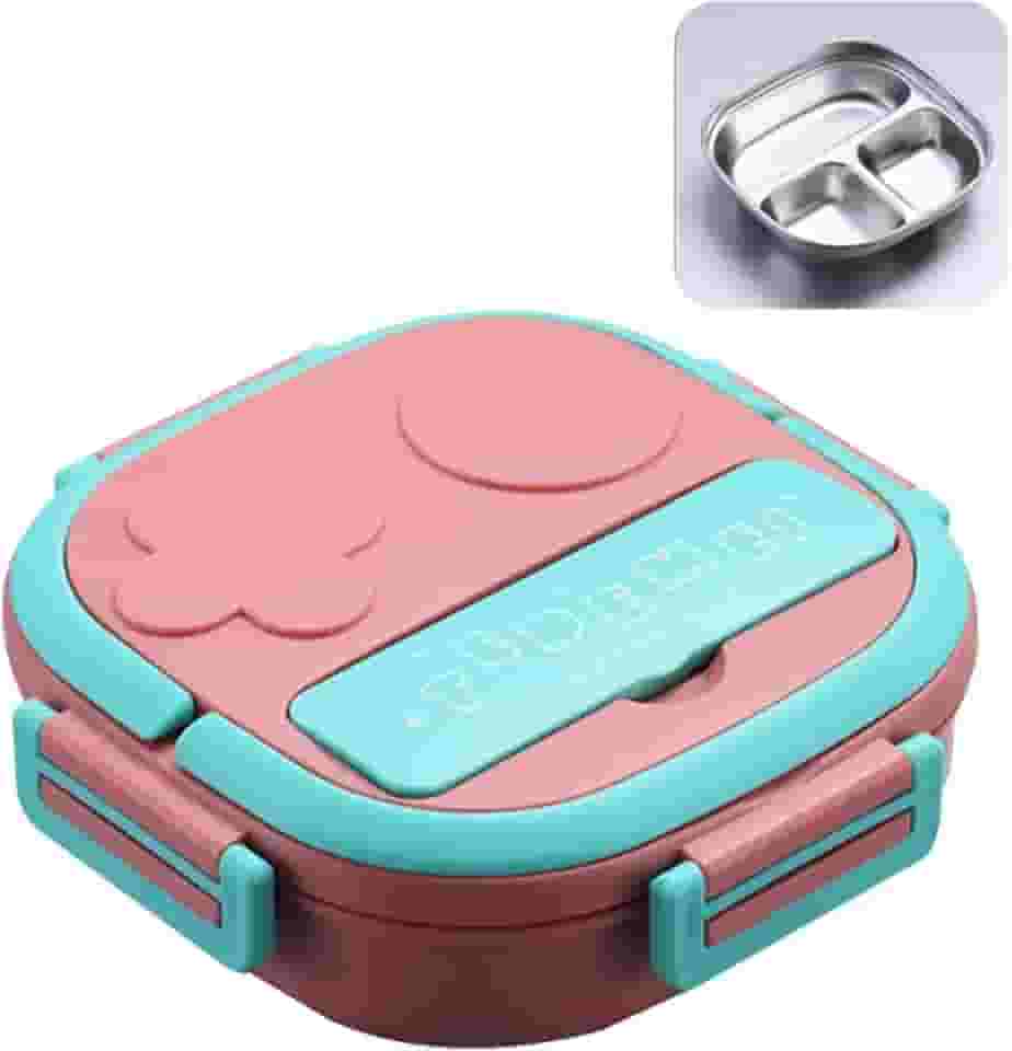 Marmita Lancheira Térmica Infantil e Adulto Portátil Recipiente Para Comida com 3 Compartimentos Reutilizáveis de Aço Inoxidável à Prova de Vazamentos (Rosa)