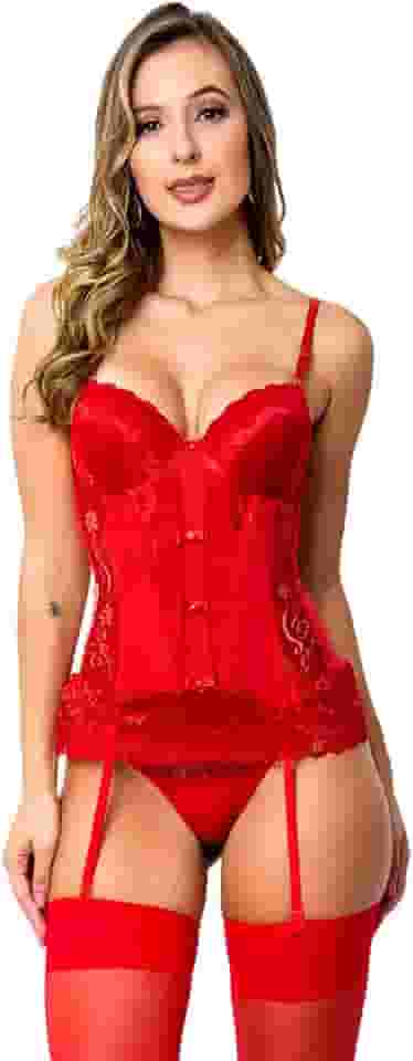 Espartilho Feminino Rendado, Alças Ajustáveis, Conjunto com Cinta Liga e Meia