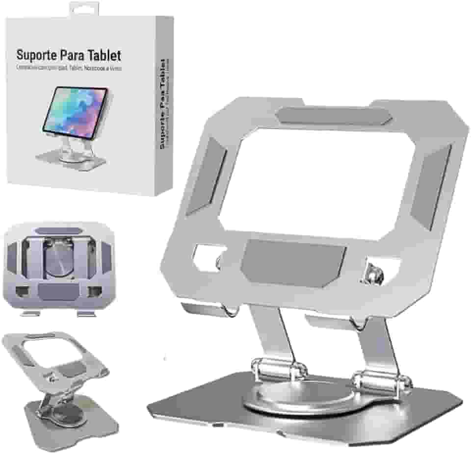 Suporte para Tablet em Aço Carbono Com Metal Resistente Apoio para Mesa Pedestal Portátil Dobrável Articulado Base Rotativa 360º Design Moderno Ajustável Antiderrapante Ampla Compatibilidade