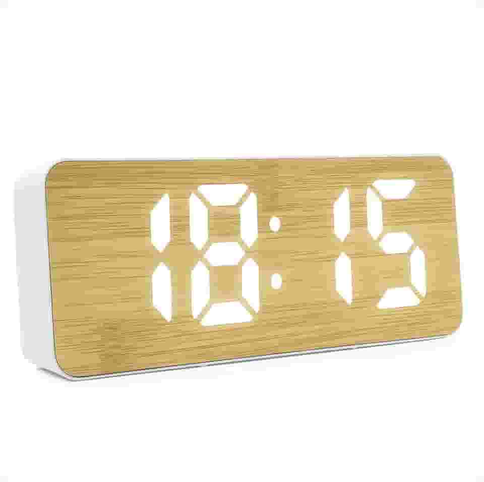 Relógio Despertador Digital de Mesa com Display LED 12/24h – Alarme, Calendário e Design Moderno em Bambu Branco para Quarto, Escritório ou Setup (Branco)