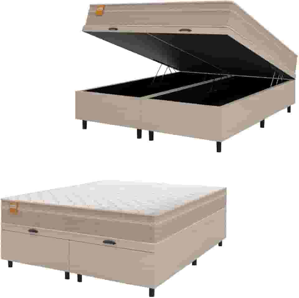 Cama Box Baú Casal Queen Colchão Molas Qatar 158x198x63cm Bege/Branco Inducol - Suporta Até 200 Kg Por Pessoa