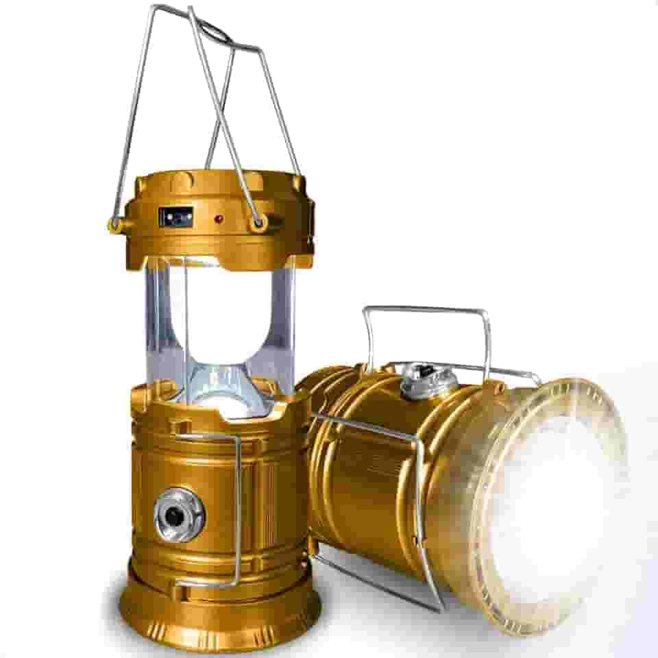 Lampião Retrô de Camping Lanterna LED 2 em 1 Recarregável com Luz Solar Luminária Portátil de Multiuso para Acampamento Pesca Trilhas com Carregador USB de Design Premium (Dourado)