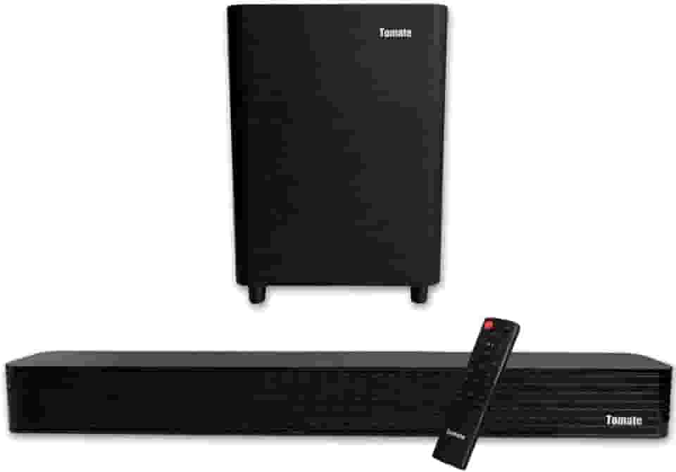 Kit Soundbar e Subwoofer Som de Cinema 2.1 Canais e Tecnologia Imersiva Entrada Óptica Coaxial USB e BT Acompanha Controle - Tomate