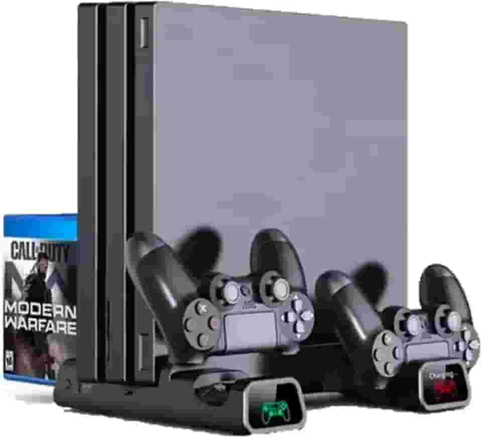 Base Suporte Vertical Com Carregador Duplo e Cooler 3 Em 1 Compatível com Ps4 Playstation 4 Slim Pro Indicador Led
