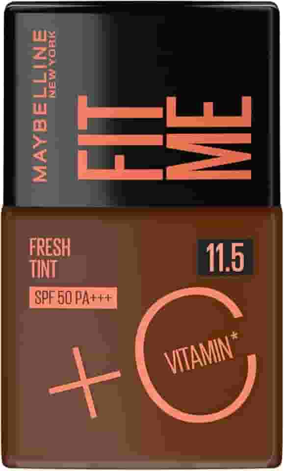 Maybelline NY Fit Me Fresh Tint Base Líquida, Proporciona Efeito Glow Natural, Controla a Oleosidade e Uniformiza a Pele com Vitamina C e FPS 50, Cor 11.5, 30ml