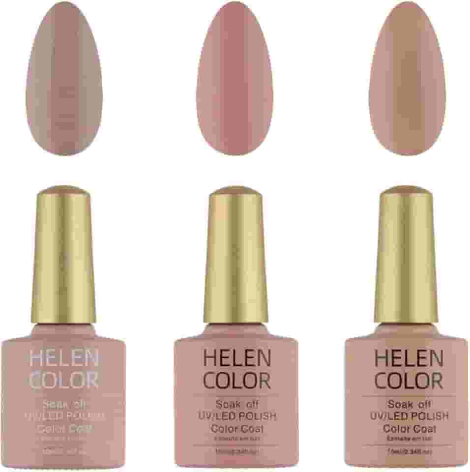 HELEN COLOR Kit 3 Esmaltes em Gel UV/LED 10ml Cada Frasco Secagem Rápida Alta Durabilidade Acabamento Brilhante (Nude)