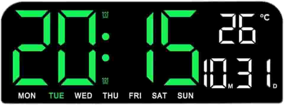 Grande relógio digital LED com data, semana, temperatura, moderno, grande display LED, alarme alto para loja, garagem, academia, sala de estudo, Verde