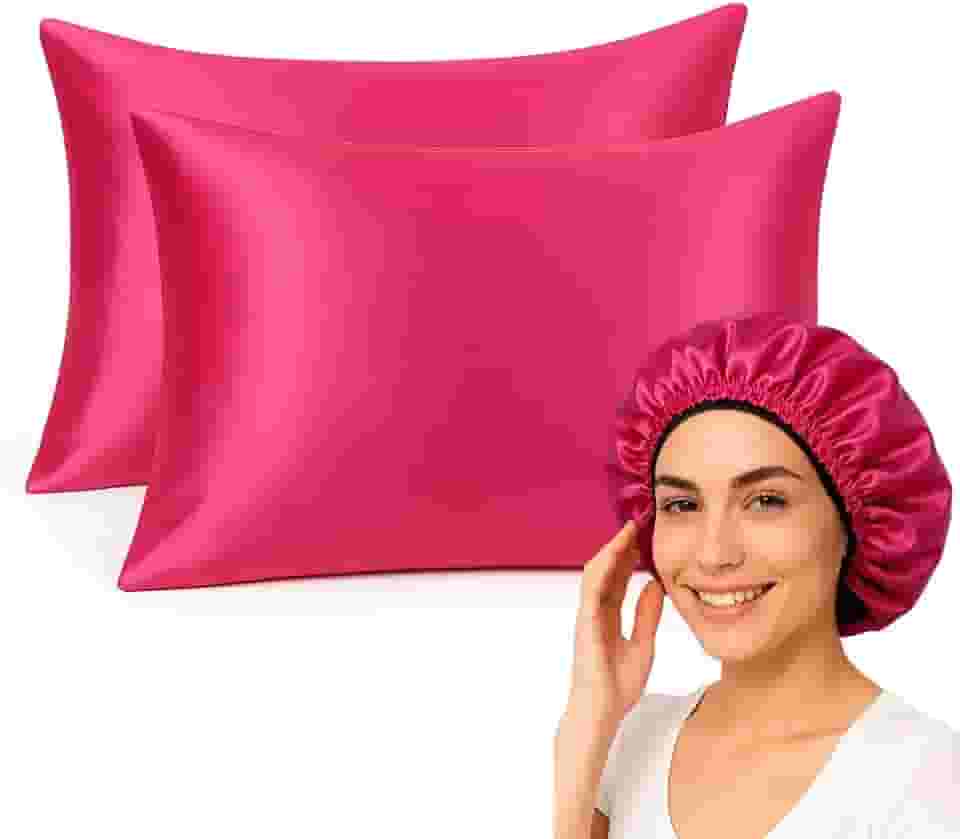 Kit Fronha de Cetim e Touca Antifrizz, Rosa, 2 Peças, 50 x 70 cm FEC