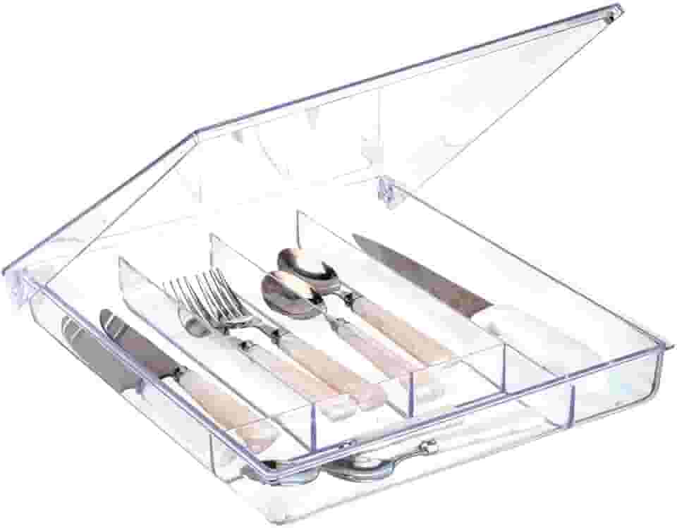 Porta Talheres Garfos Facas Colheres Organizador de Gavetas Acrilico Cozinha - LOBOY (Com Tampa)