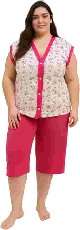 Pijama Feminino Plus Size Pescador Estampa Floral Manga Curta Botão Gola V Bermuda Conjunto Dormir