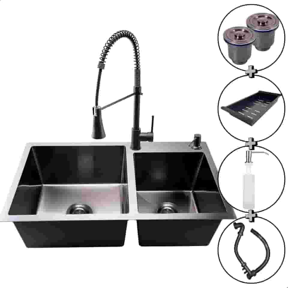 Cuba Gourmet Dupla Preta para Cozinha SOFTINOX 78x43 - Kit Completo com Torneira Monocomando e Acessórios para Pia Gourmet