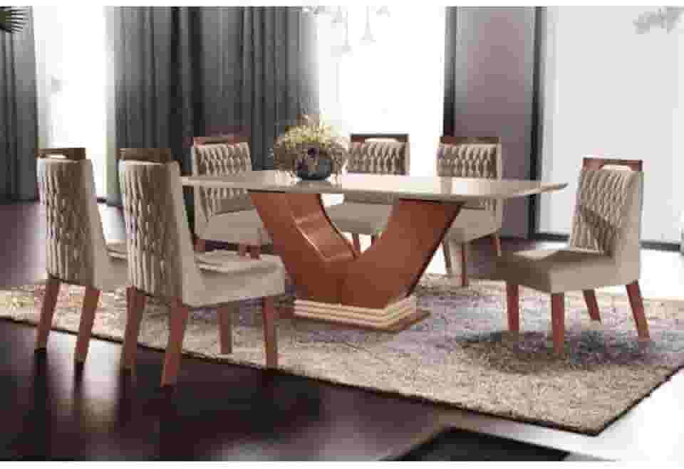 Conjunto Sala de Jantar Mesa com Tampo de Vidro Safira 6 Cadeiras Atena Lj Móveis Castanho Premio/Off White/Pena Bege