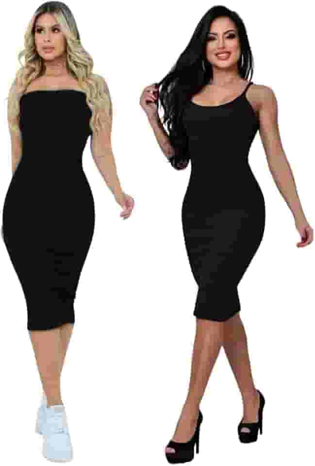 Vestidos midi femininos Verde Tamanho P Kit 2 Vestido Midi Com Alça E Tomara Que Caia Tecido Grosso Confortável