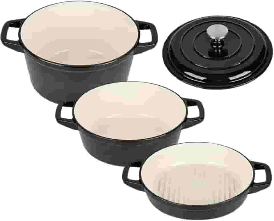Panelas de Ferro Fundido com Tampa – Conjunto 3 Peças para Cozinha Profissional e Doméstica (Preto)