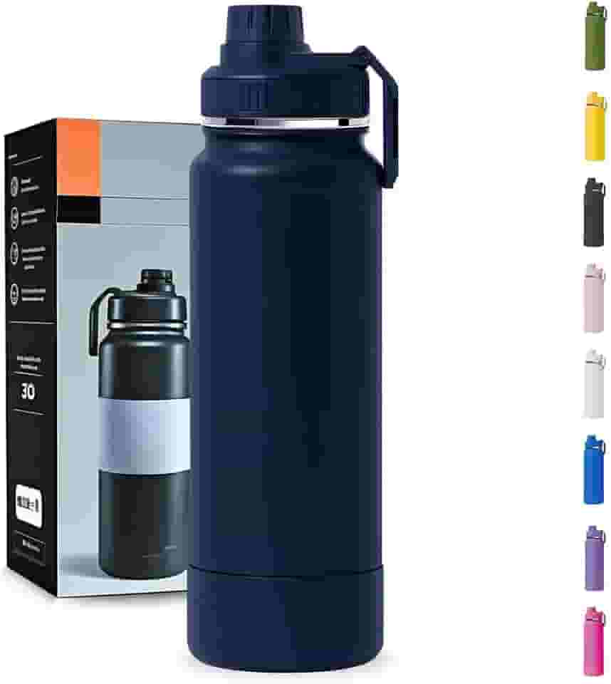 Garrafa Térmica 1000ML - Duplamente Isolada, Aço Inox 304, Base Emborrachada Anti Derrapante, Mantém Bebidas Quentes por 12 Horas e Geladas por 24 Horas (Azul Marinho Slin)