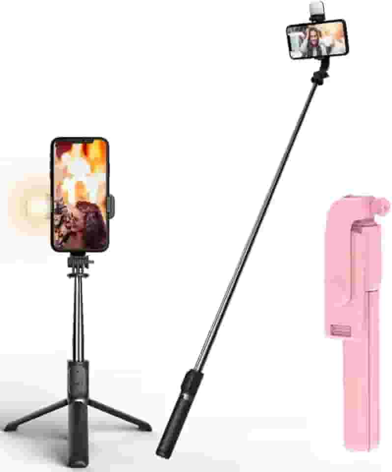 Tripé Bastão Pau De Selfie Com Led Bluetooth Retrátil Para Celular Com Controle Remoto (Rosa)