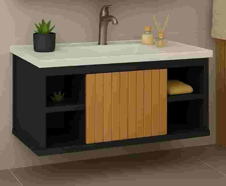 Gabinete Com Cuba Suspenso para Banheiro Nichos Com Porta Completo (Preto Ripado)