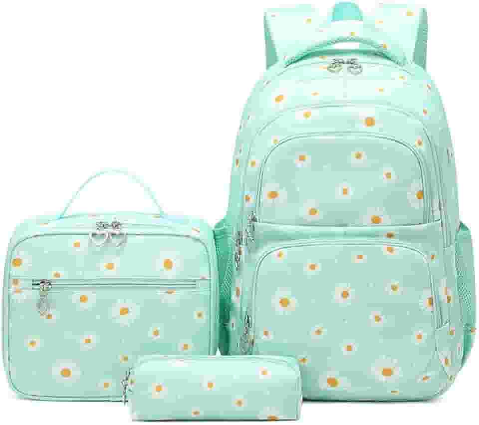 Conjunto de Mochila Escolar Feminina com Estampa de Margarida - 3 Peças com Bolsa de Almoço e Estojo de Lápis