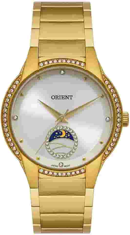 Relógio Feminino, Dourado, Cristais Decorativos, Mostrador Prateado com Lua, FGSS0204