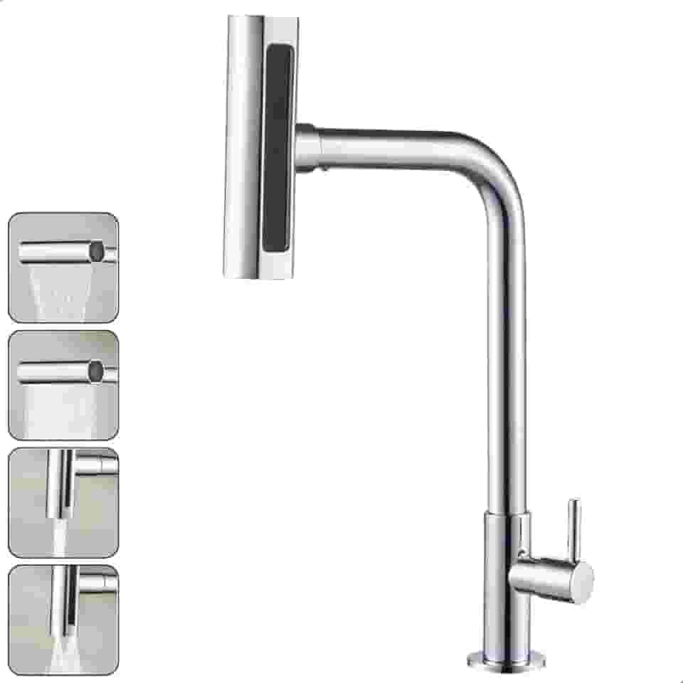 Torneira Gourmet Cozinha 4 Jatos Rotativa Aço Inoxídável - SOFT INOX (BANCADA, CROMADO)