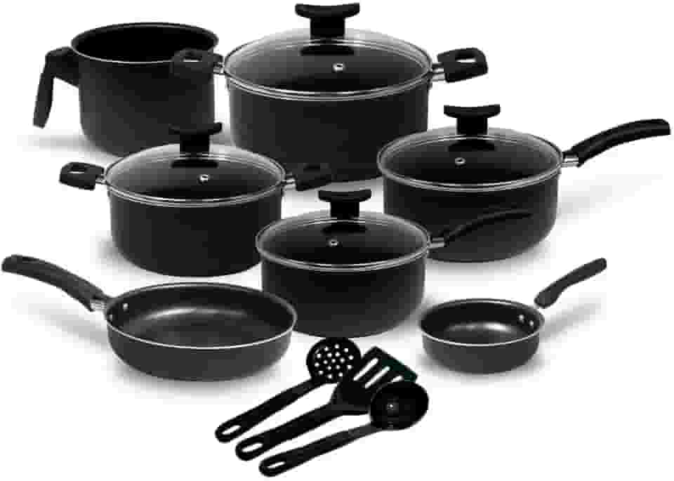 Jogo de Panelas 10 Peças Preto Antiaderente c/Tampa de Vidro e Utensílios