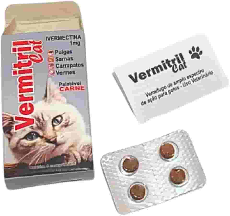 Vermitril, Comprimidos Mastigáveis Anti-Pulgas e Vermífugos para Gatos, 4 Comprimidos