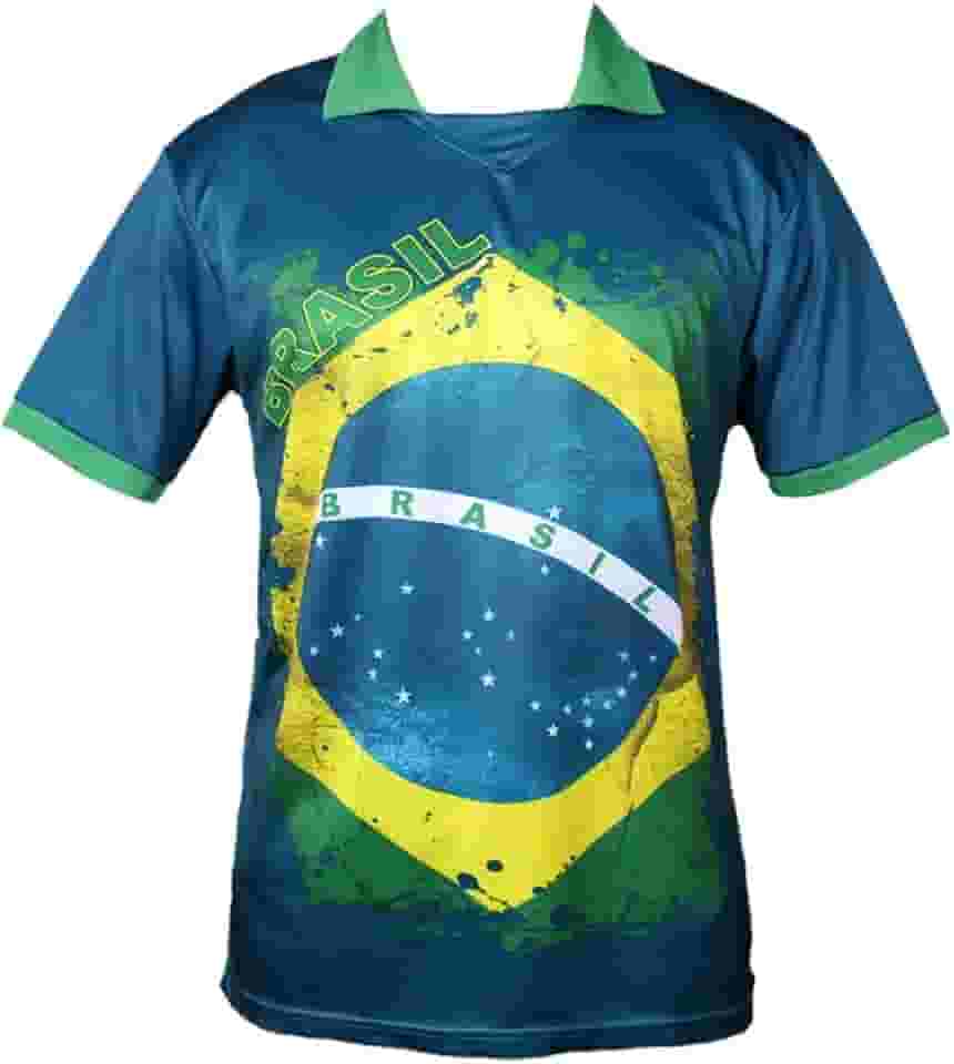 Camisa Polo Brasil Copa do Mundo, 100% Poliéster, Azul com Verde e Amarelo, Bandeira Nacional, Unissex, Tamanhos P-GG, para Futebol e Esportes