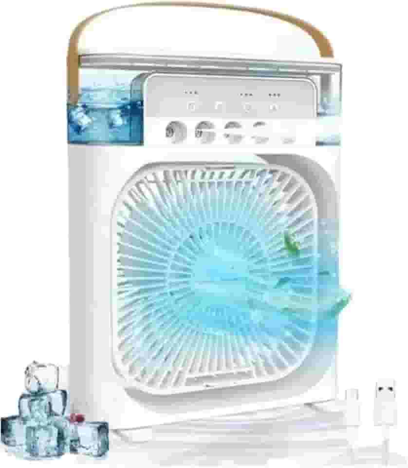 Ventilador de Mesa Portátil Led 4 em 1 Mini Ar Condicionado Umidificador Aromatizador Climatizador Água Gelo 3 Velocidades 5 Spray USB