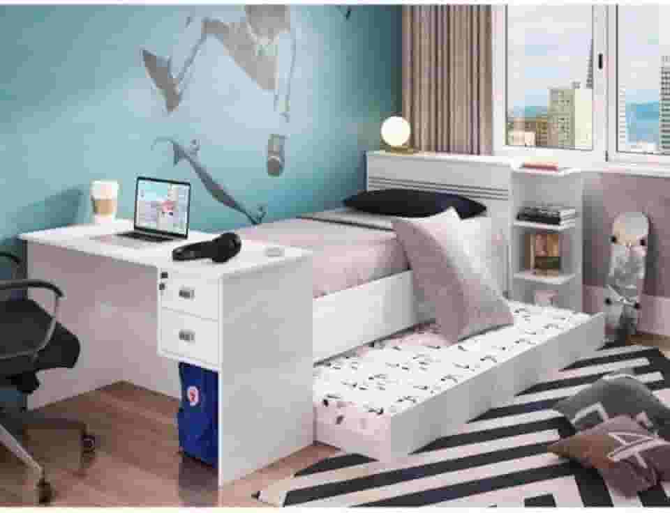 Conjunto Quarto de Solteiro Bicama com Baú e Escrivaninha 2 Gavetas Play Espresso Móveis Branco