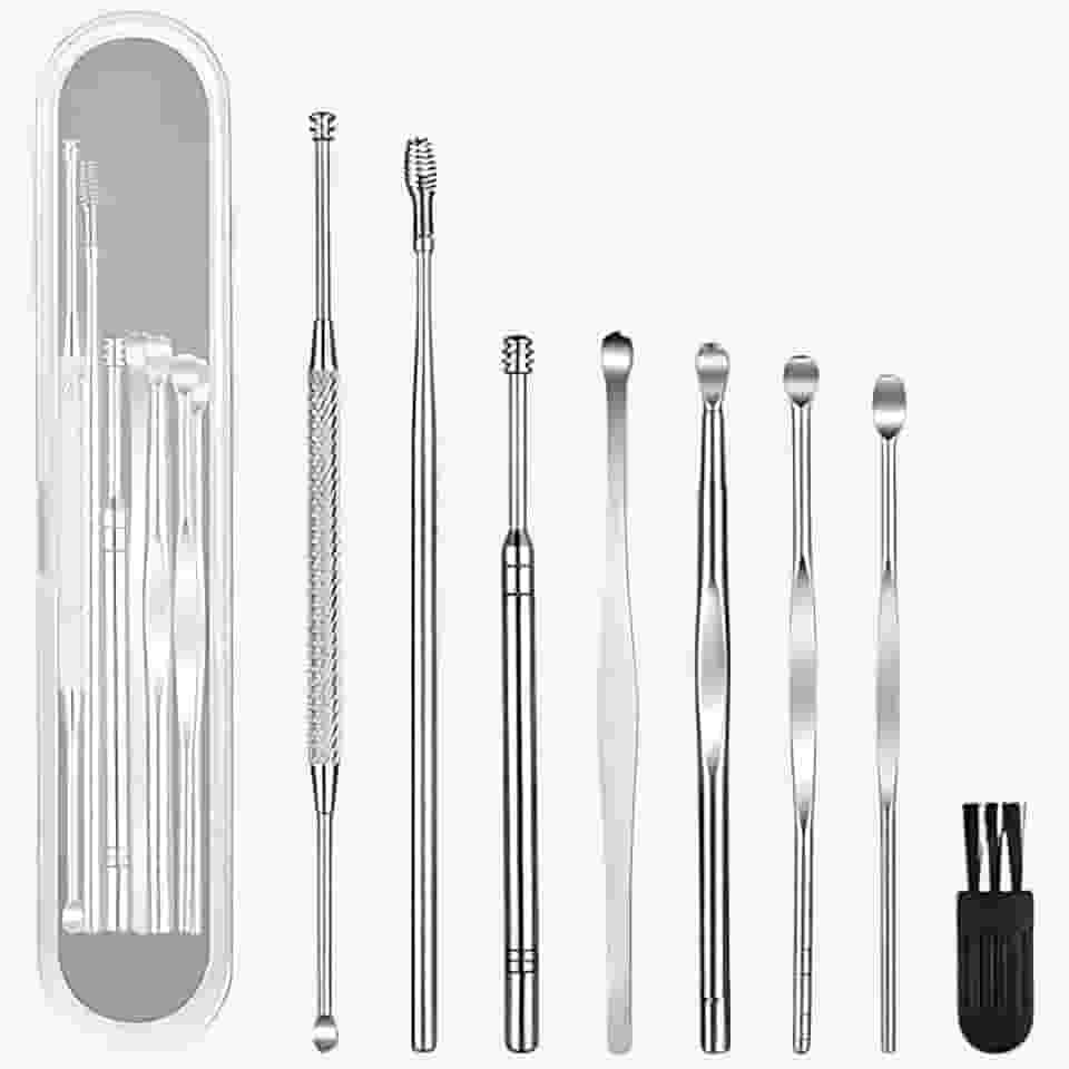 Kit 8 Peças Removedor De Cera De Ouvido Inox Com Estojo – Espátula, Cureta, Espiral, Escova Reutilizável