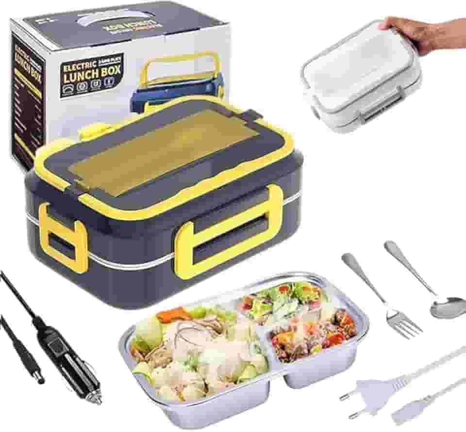 Marmita Elétrica Portátil 3 em 1 Bivolt 110V-220V - Veicular 12V – Inox com 3 Divisórias e Talheres | Para Carro, Escritório, Casa | Aquecimento Rápido, Vedação Segura, Alça Retrátil - PREMIUM