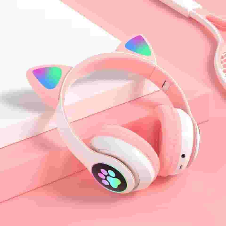 Fone de Ouvido Infantil Bluetooth com Orelhas de Gato, LED RGB, Dobrável, Ajustável, Rosa e Branco, Design Kawaii para Crianças (Rosa)