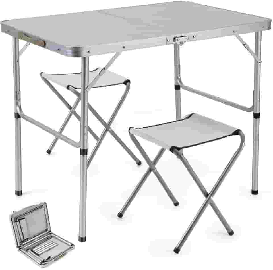 Mesa Dobrável Maleta Alumínio + 2 Bancos Camping Praia Alça